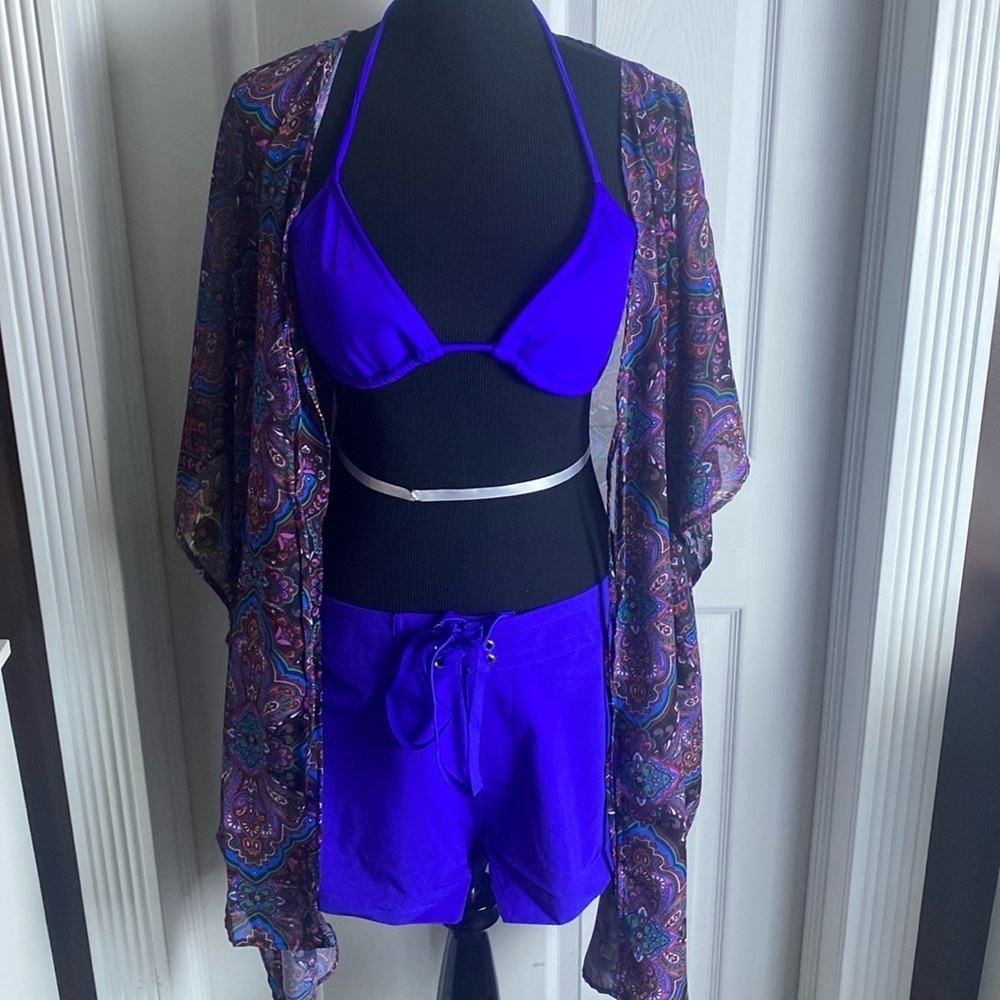 VENUS 3 Piece Swimwear Cobalt Blue Triangle Top Shorts Cover-Up NEW